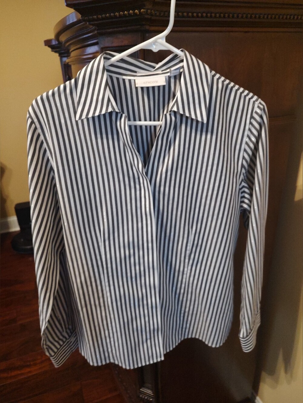 Chico's Black and White Vertical Stripe Button-Up Shirt